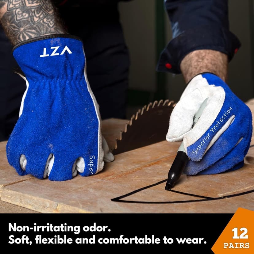 VZT 12 Pairs Bulk Winter Leather Work Gloves for Men or Women for Construction, Wood cutting, Driving, Water Resistant, Keep warm, Soft, Cowhide, Class 4 Abrasion Resistant, Blue-White, XL
