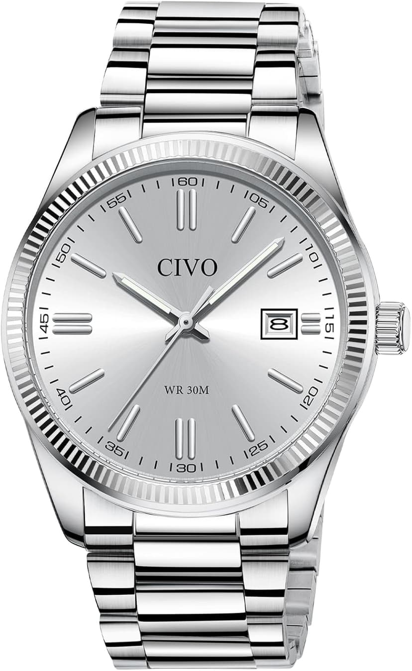 CIVO Analog Mens Watches Silver: Wrist Watches with Date Easy to Read - Dress Stainless Steel Watch for Men Gifts for Husband Father at Birthday Anniversary