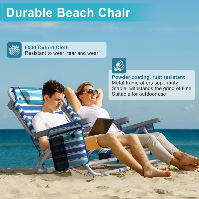 Suteck Backpack Beach Chairs for Adults, 5-Position Lay Flat Reclining Chair with Cooler Pouch, Cup Holder, Towel Bar, 2-Pack Portable Folding Beach Chair for Lawn Outdoor (1, Light Blue)