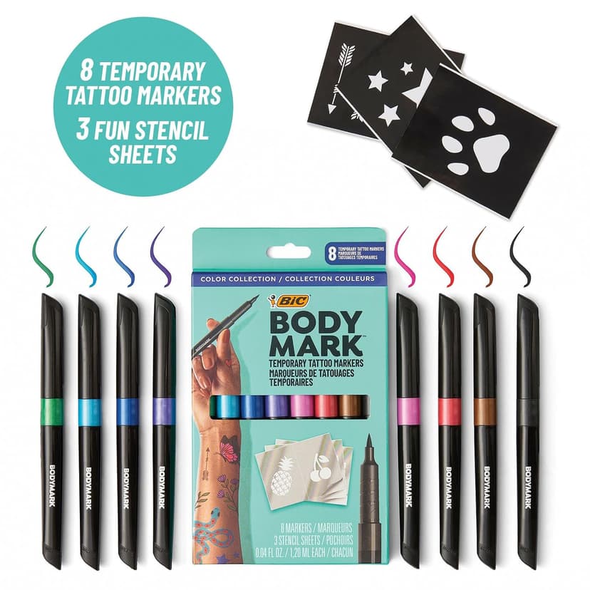 BIC BodyMark Temporary Tattoo Marker with Cosmetic Quality and Skin Safety, 8-Count in Assorted Colors