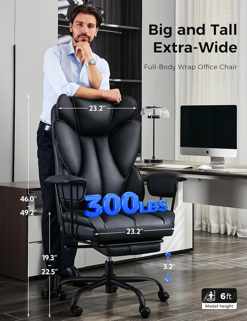 amseatec Big and Tall Office Desk Chair - Wide Ergonomic Executive with Footrest, High Back Lumbar Support Reclining Gaming Computer Chair for Heavy People (Black)