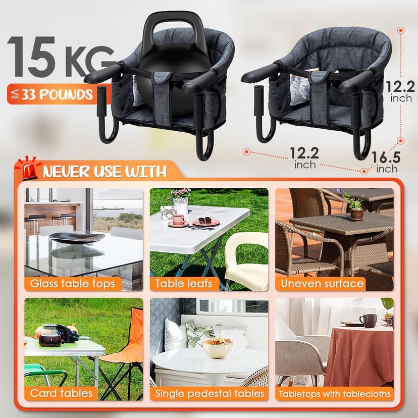 Hook-On Chairs - Portable & Foldable for Babies 6-36 Months, Family & Travel Use with Carry Bag (Grey)