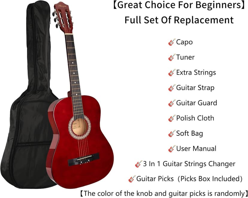 BESYOU 38in Beginner Acoustic Travel Guitar Basic Starter Kit Tuner Capo Strings Winders Strap Picks Pickguard with Gig Bag Starter Practice Guitar For Kids Teens Students Adults