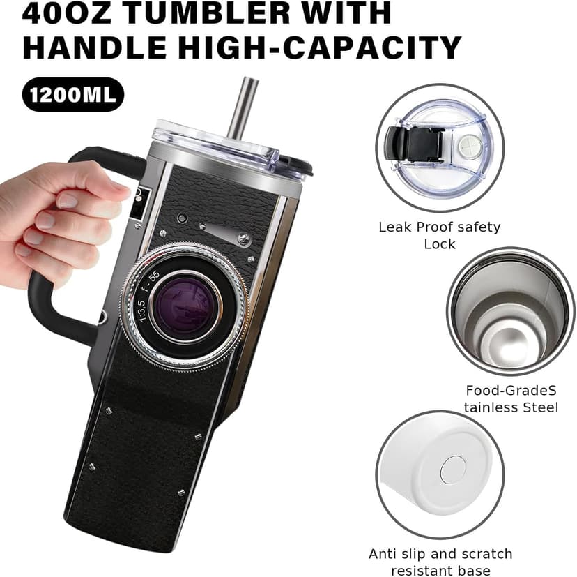 Photographer Gifts for Women Men Tumbler with Handle Straws 40oz Photography Lovers Camera Lens Coffee Cup Mugs, Cool Photographers Birthday Christmas Gifts