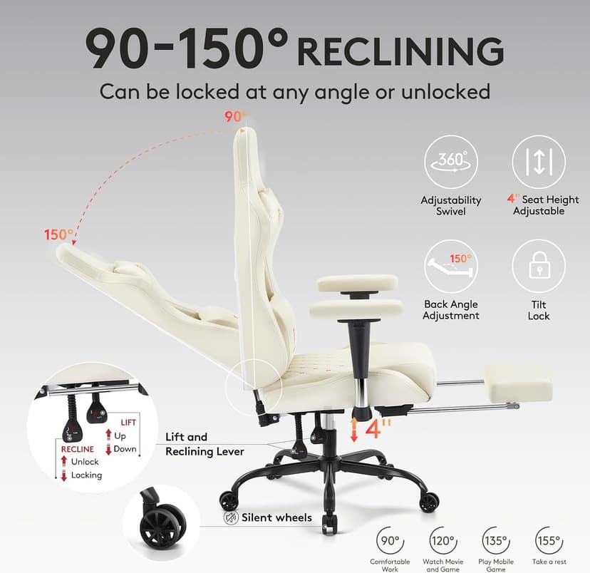 Gaming Chair,Computer Office Chair with Footrest,Massage Lumbar Support and Gel Pad,Ergonomic Reclining Leather Gamer Chair with Headrest,Adjustable Armrests and Spring Cushion Ivory