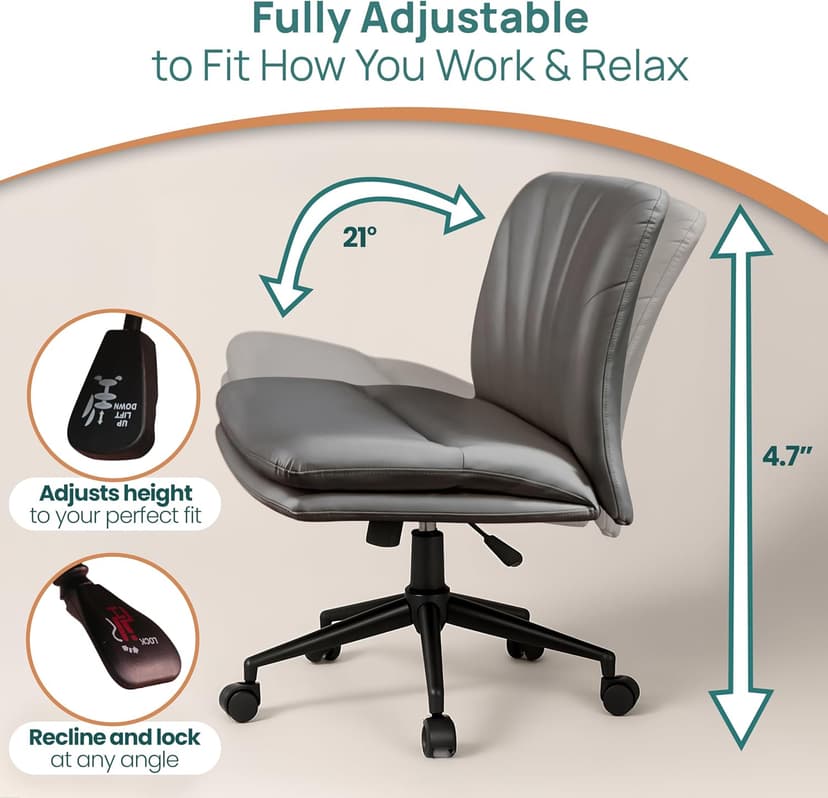 NYPOT Armless Desk Chair with Wheels for Criss Cross Sitting - Cross Legged Wide Armless Chair - Adjustable Vanity 360° Swivel Stool and 120° Rocking Wide Seat Comfy for Home and Office, Color Grey
