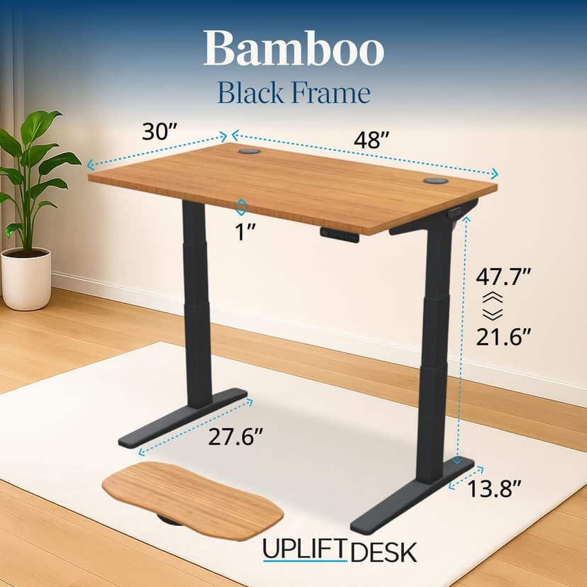 UPLIFT DESK Bamboo (48 x 30 inch) Standing Desk 2-Leg V3 Adjustable Stand Up C-Frame (Black), Advanced Keypad, Wire Grommets, Wire Tray, Rocker Board