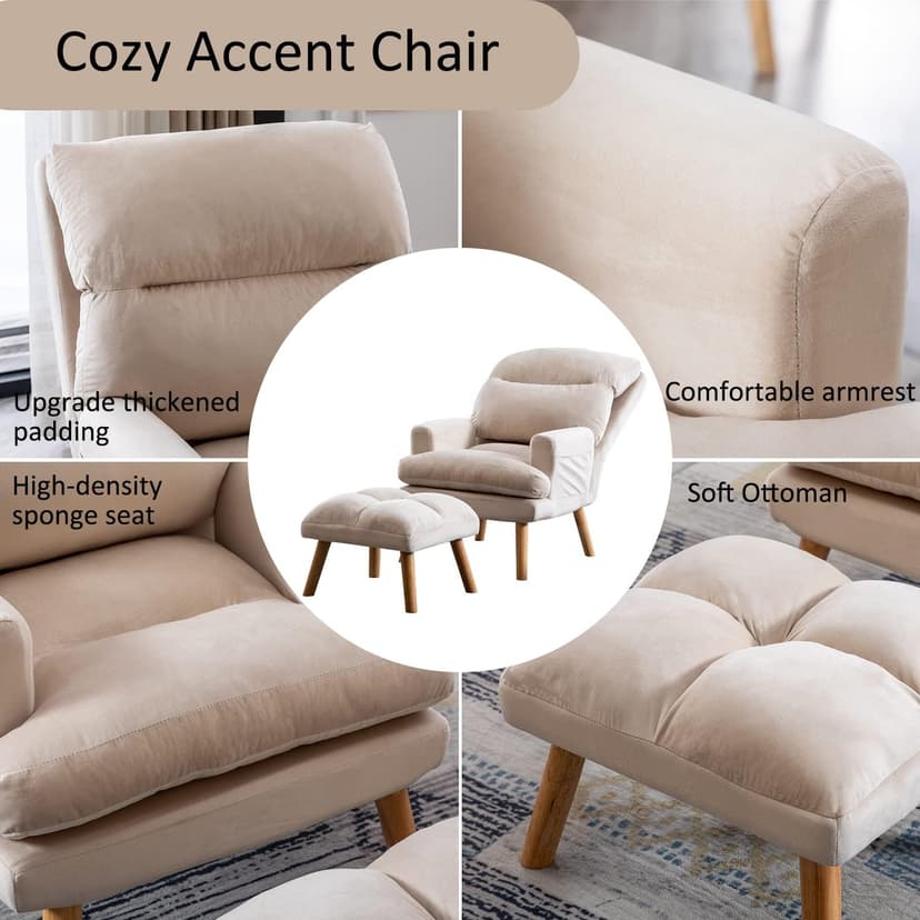 INZOY Accent Chairs with Ottoman Set, Modern Velvet Armchair with Adjustable Backrest, Comfy Lounge Chair for Living Room Bedroom, Beige