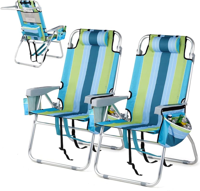 VINGLI Tall Beach Chair 2 Pack Lightweight, Backpack Beach Chair for Adults with 5-Position, Cooler Bag, Cup Holders, Towel Bar, Lightweight Folding Beach Camping Chairs (Blue/Green-16