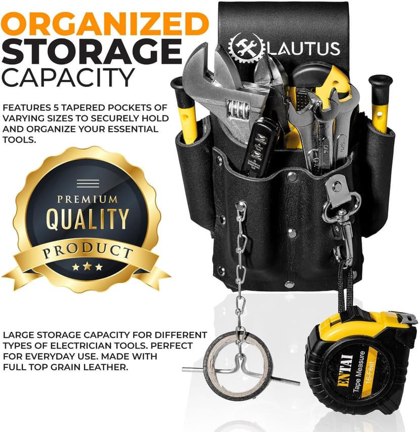 LAUTUS Electrician Full Top Grain Leather Tool Pouch; 5 Pocket Pouch with Electrical Tape Chain; Durable Compartments; Washer Rivets; Includes Metal Tool Clip; Black