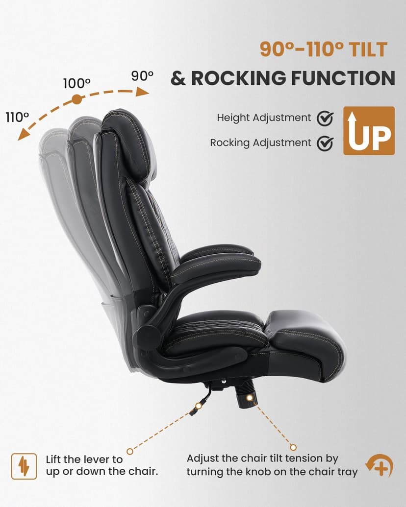 550LBS Big and Tall Office Chair for Heavy People,Ergonomic Office Chair with Padded Flip-Up Arms and Adjustable Lumbar Support,High Back Executive Leather Desk Chair with Rocking Function