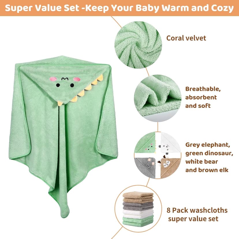 4 PCS Baby Towels & 8 PCS Washcloths Set, Cute Animal Hooded, Ultra Absorbent & Soft, Newborn Shower Gifts for Boys & Girls 12 PCS Baby Bath Towels Set for Infants Toddlers Essentials B0F3JC4GWM