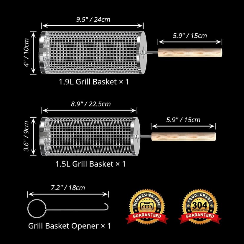 Rolling Grill Basket, Removable Wooden Handle, 304 Stainless Steel, Nesting Smoker Net, BBQ Accessories Tools for Vegetable Shrimp, Outdoor Cooking Camping, Birthday Gifts for Men Dad Husband