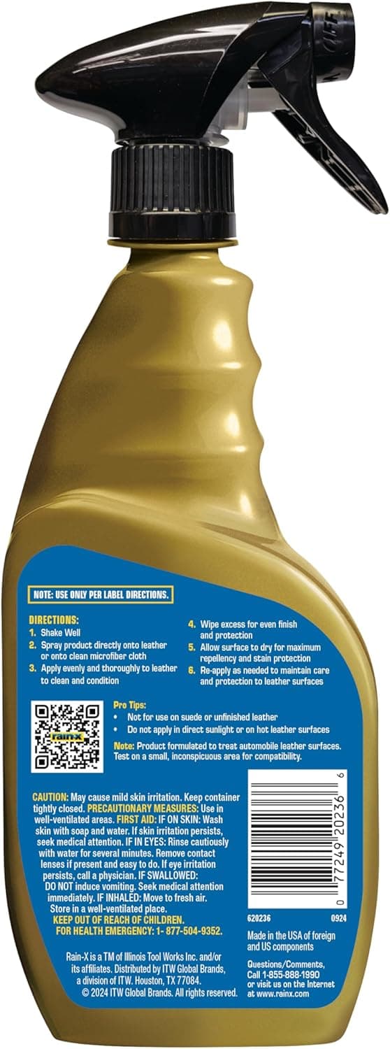 Rain-X 620236SRP Leather Cleaner Conditioner & Repellent for Car Interiors, Cleans + Repels while Moisturizing, Restores Leather to Natural, Fresh Scent without Residue 16 Fl Oz.