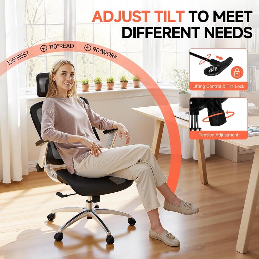 GTPLAYER Big and Tall Ergonomic Mesh Office Chair, High Back Home Desk Chair Computer Gaming Chair with Headrest, Flip-Up Arms, 90-125° Tilt Lock and Wide Cushion, Task Chair for Man Woman-Deep Black