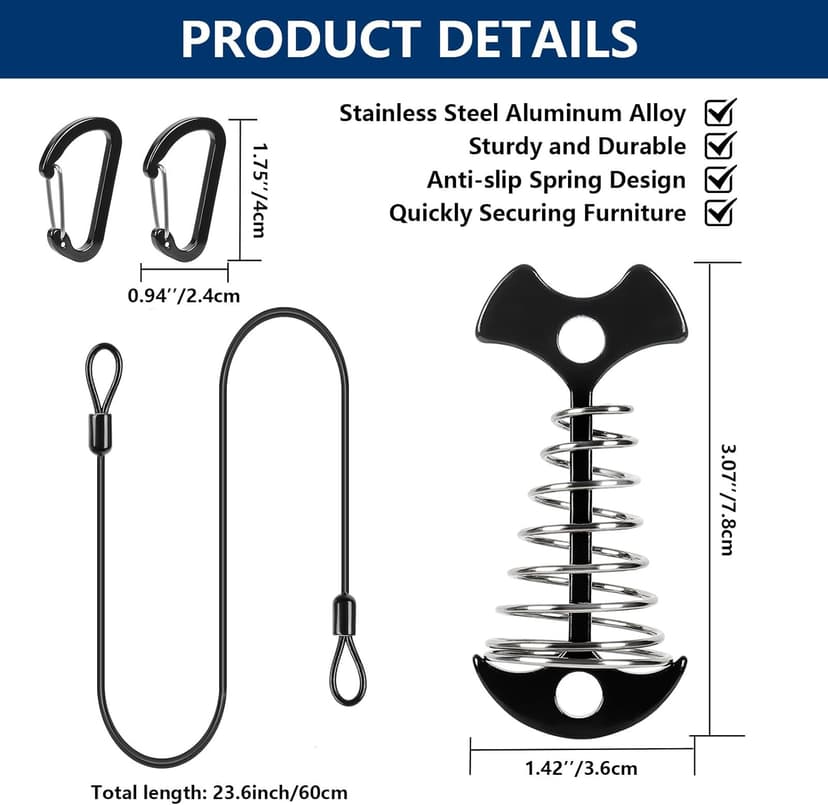 Deck or Dock Anchors for Gap Between Boards - Outdoor Furniture Deck Anchor Marine Grade Stainless Steel Fishbone Deck Anchor Pegs with Carabiners Easily Reposition Chair, Table, Grill and Kayaks