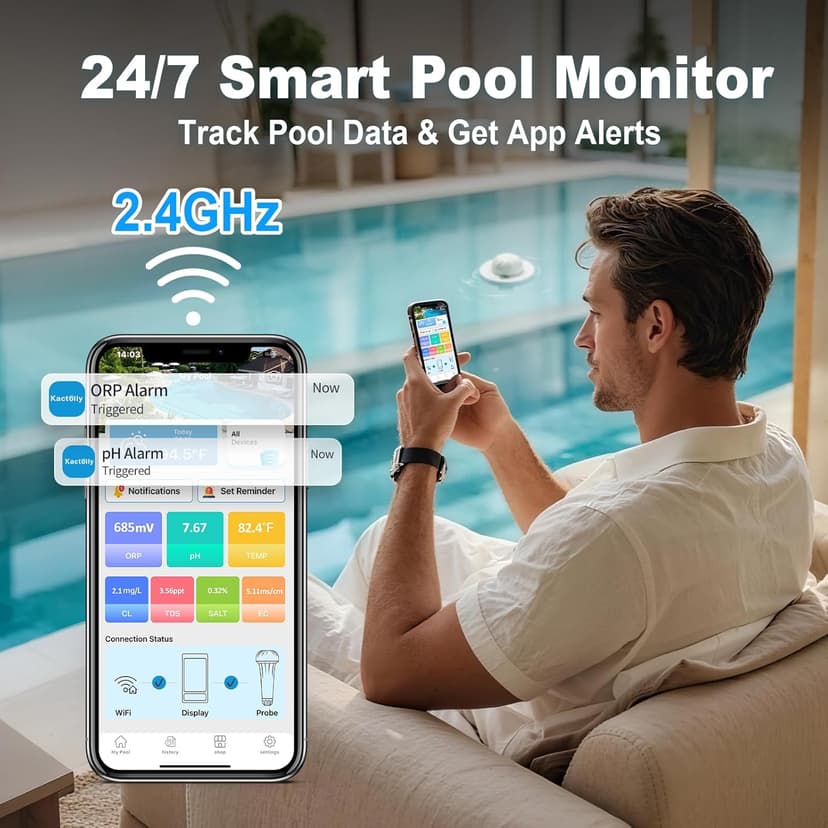 Smart Pool Monitor Pro, Digital Pool Water Tester for Chlorine/pH/ORP/Salinity/TDS/EC with App View, Electronic Pool Chemical Tester for Hot Tub & Spa