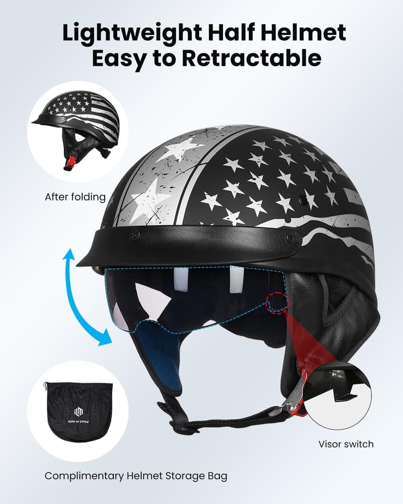 ILM Half Helmet Motorcycle Open Face Sun Visor Quick Release Buckle DOT Approved Cycling Motocross Suits Men Women 205V (M, Patriotic Flag)