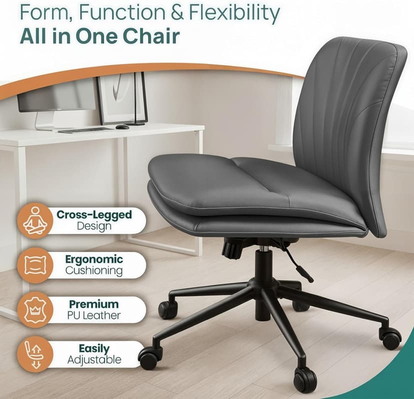 NYPOT Armless Desk Chair with Wheels for Criss Cross Sitting - Cross Legged Wide Armless Chair - Adjustable Vanity 360° Swivel Stool and 120° Rocking Wide Seat Comfy for Home and Office, Color Grey