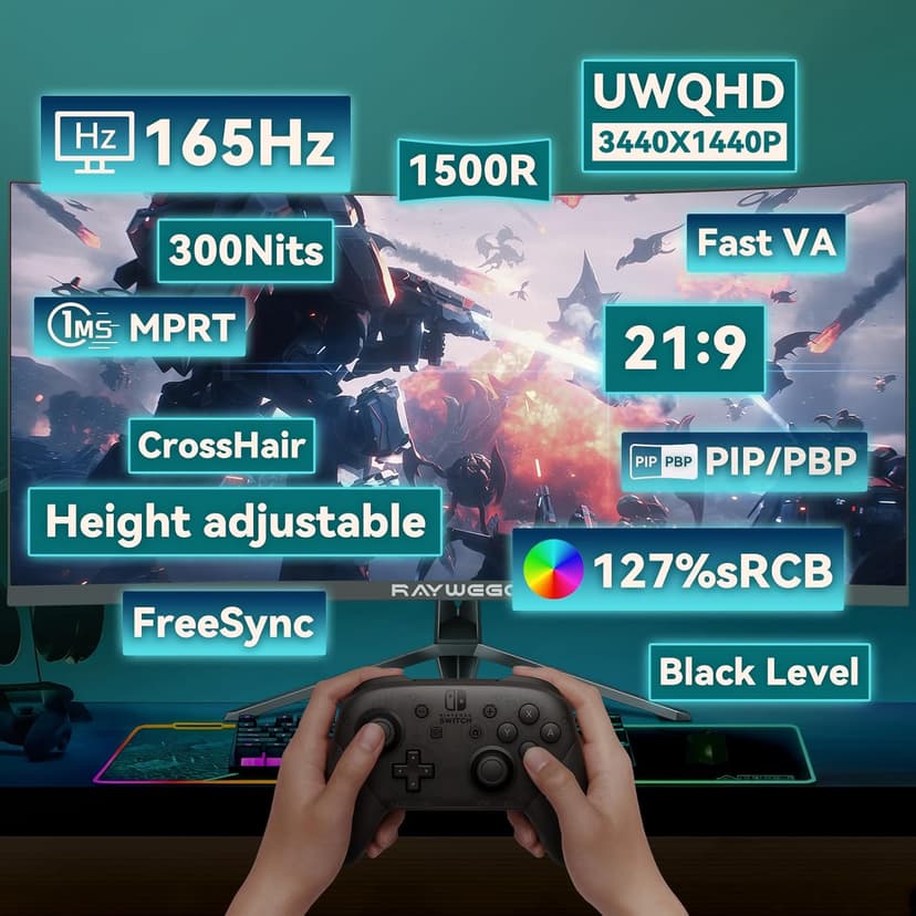 Raywego 34-Inch Curved Gaming Monitor UWQHD 3440 x 1440 Up to 165Hz Curved 1500R - PIP/PBP, 1ms(MPRT), HDR, 300nits, sRGB 99%, DCI-P3 95%,FreeSync,HDMIx2,DP1.4 x2 (DP Cable Included)