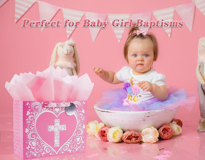 JWSCYSY 12.6" Large Pink Gift Bag with Metallic Silver Floral Cross Design, Card and Tissue Paper for Baby Girl Baptisms, Christenings, First Communions Religious