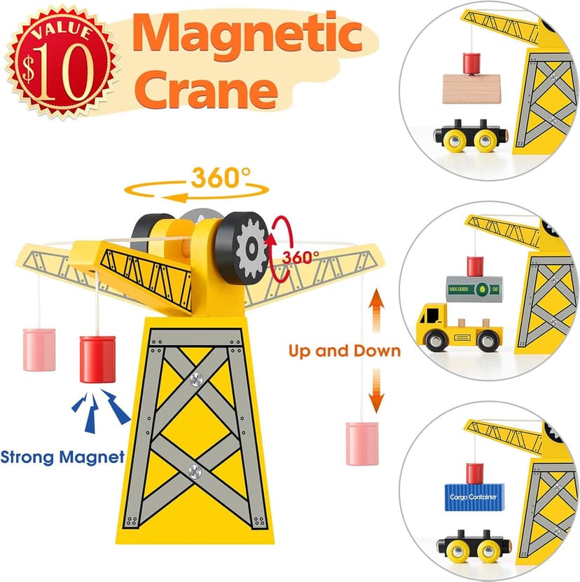 Tiny Land 55PCS Wooden Train Set - Compatible with Major Brand Tracks, Educational Toy for Toddlers & Kids Ages 3-7, Durable Wooden Railway Tracks