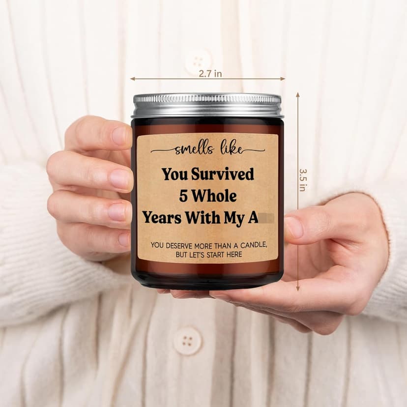 LEADO 5th Wedding Anniversary Candle - 5 Year Marriage Wood Themed Gifts for Husband Wife, 5 Year Anniversary Candle Gifts for Him Her - 5th Anniv. Funny Present for Couple, Women, Men, BF, GF