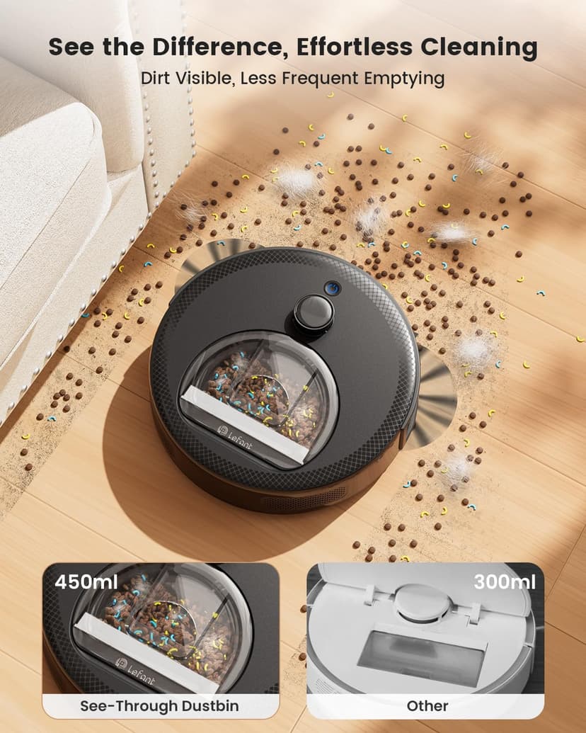 Lefant LiDAR Robot Vacuum and Mop, 450ml Visible Dustbin, Upgraded 190° PSD Obstacle Avoidance, Customized Cleaning, Multi-Floor Mapping, 150 Mins Runtime, 2.4G/5G WiFi, Pet Hair & Carpets, M330 Pro