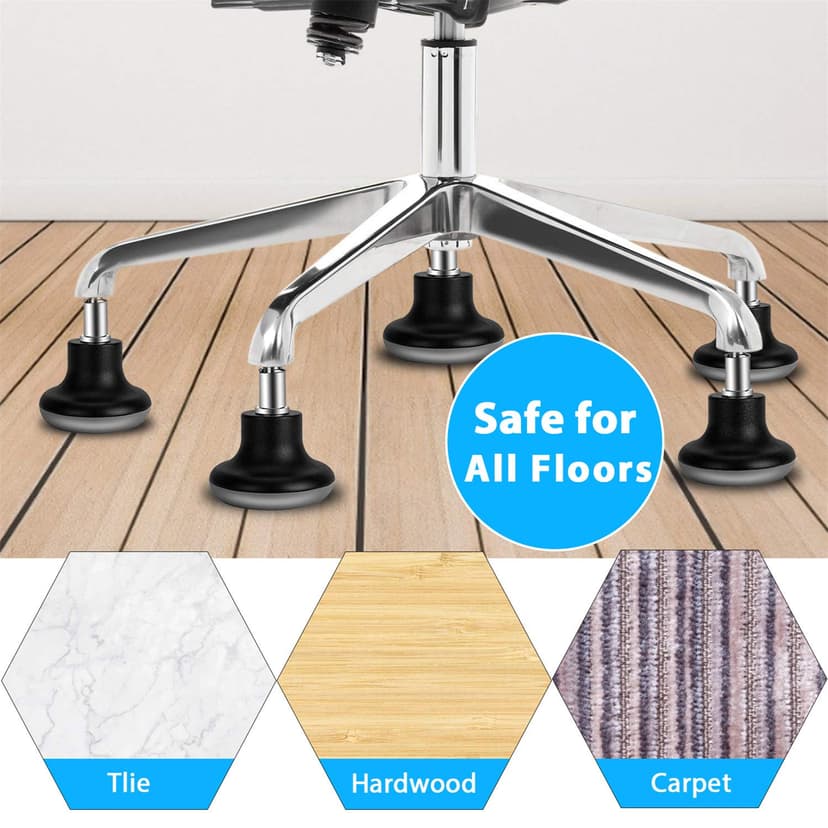 Bell Glides Replacement Office Chair Feet Swivel Caster Wheels to Fixed Stationary Castors, Short Profile with Separate Self Adhesive Felt Pads Black 5pcs