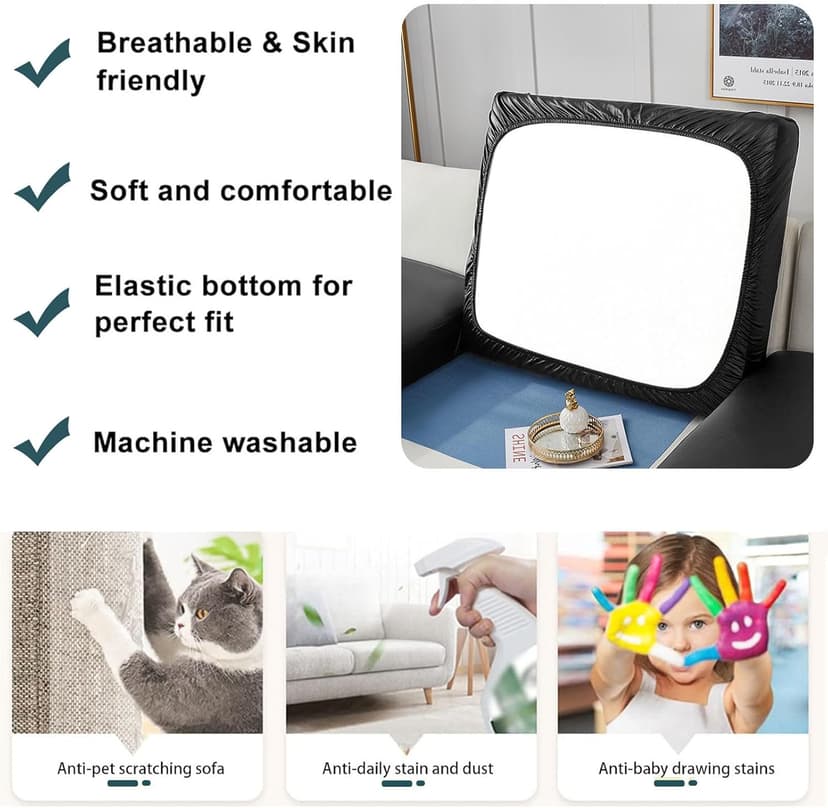 CLGTY Waterproof Couch Cushion Covers for Sofa, PU Leather L-Shaped Seat Cushion Cover Individual Separate Sectional Sofa Slipcovers Form Fitted for Cat Dog-Black-Chaise seat