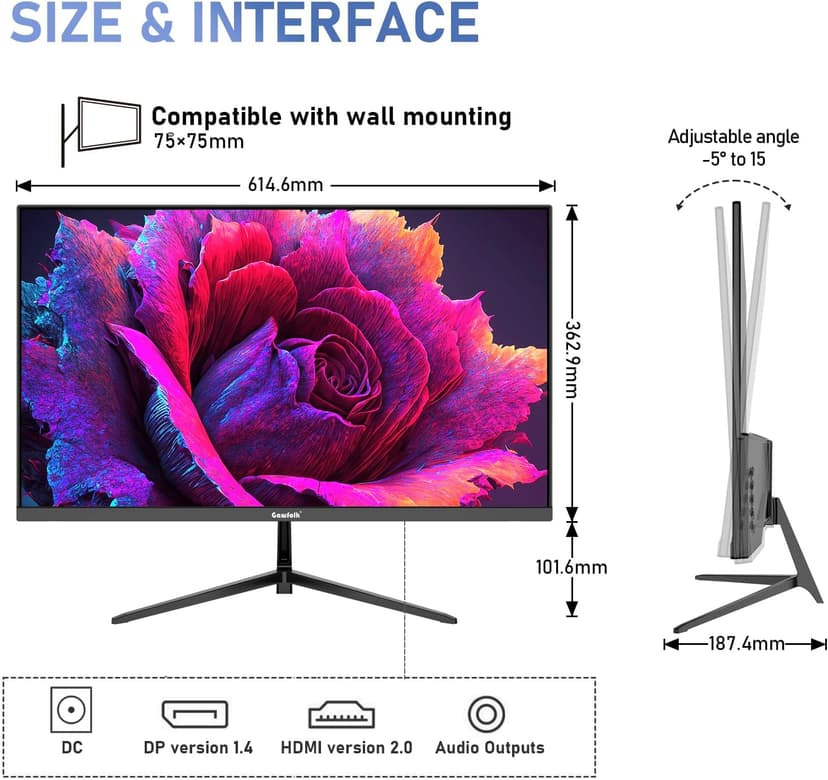 Gawfolk 27 inch IPS 2K QHD (2560×1440) Computer Monitor 75Hz Gaming PC Screen, 1ms,Adaptive Sync,100% sRGB, 1.07 Billion Colours,Built-in Speaker,Display 1.4、Port HDMI2.0, Black