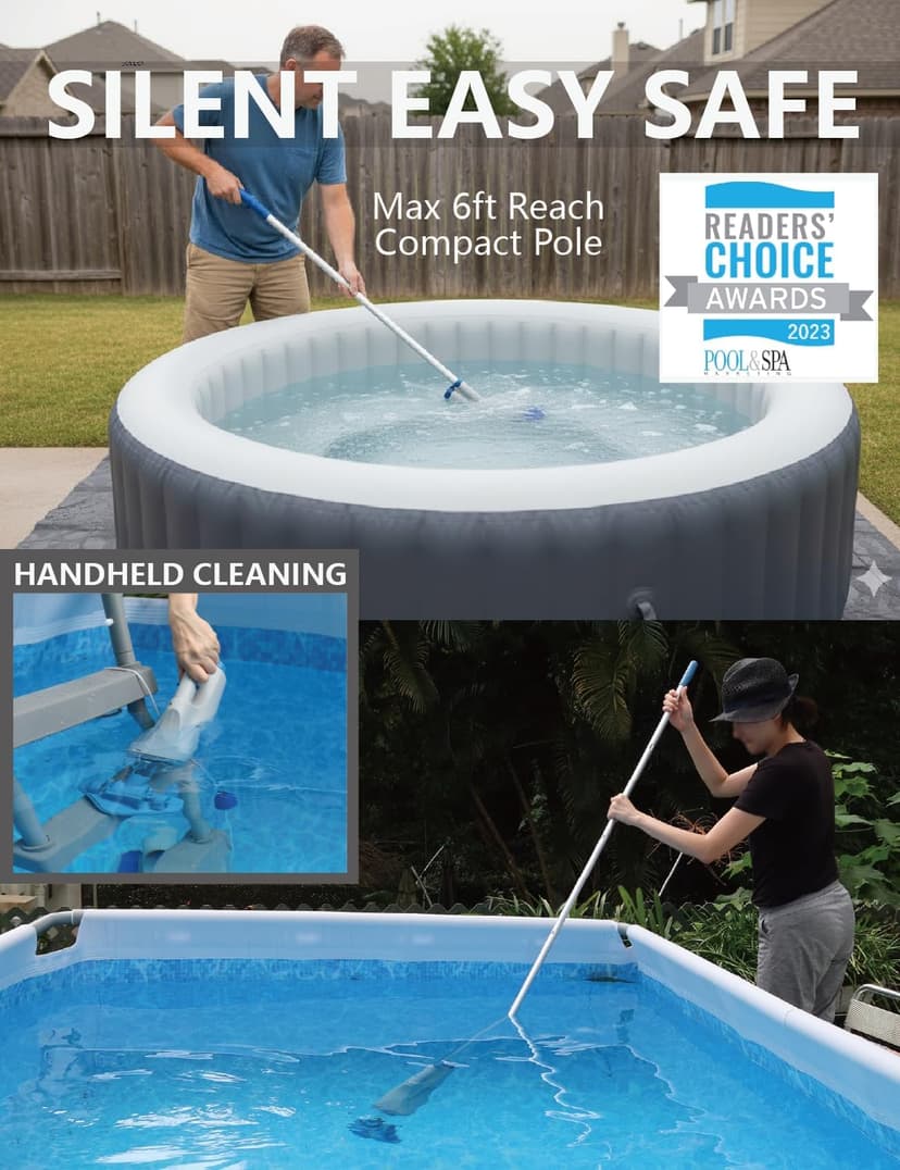 KOKIDO Rechargeable Handheld Hot Tub Spa Pool Vacuum, IPX8, Aluminum Pole and 2 Brush Heads, Cordless, Ideal for Light-Duty Spot Cleaning Spas and Small Pools up to 20ft, 60-min, Sand and Debris XV110