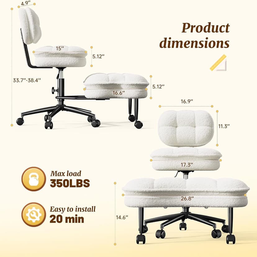 DurayLoly Ergonomic Cross Legged Chair 360° Swivel Meditation Chair with Wheels, Height Adjustable Seat for ADHD, Strong Lumbar Support,Home Office Furniture, Teddy Fabric,White