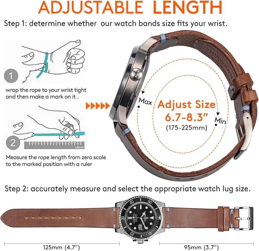 hemsut h Leather Watch Bands for Men, Horween Quick Release Leather Watch Strap Vintage Watch Replacement Wrap of 18mm, 20mm, 22mm