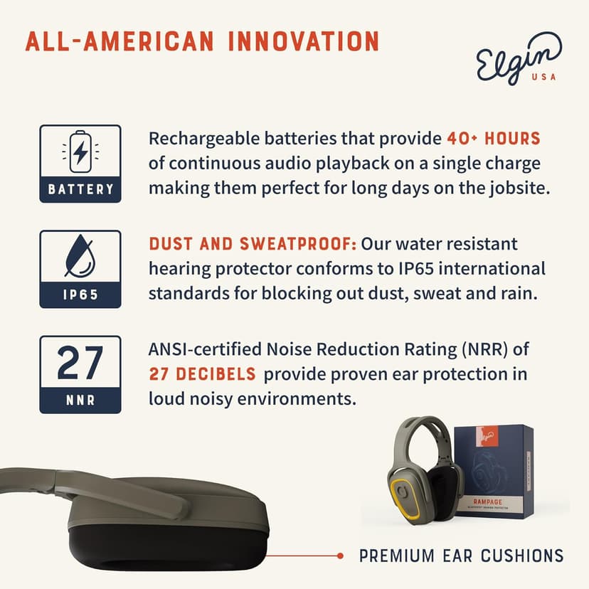 Elgin Rampage Bluetooth Hearing Protection Headphones, OSHA Compliant, 25 dB NRR, Noise Isolating Microphone, 40+ Hour Battery, IP65 Rated, Ideal for Construction, Landscaping, Industrial Use
