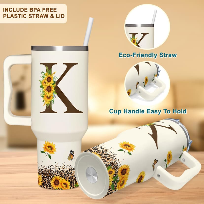 Personalized Birthday Gifts For Women - Sunflower Gifts For Women, Mom - Christmas Gifts For Womens, Mother's Day Gift For Mom, Boss - Monogrammed, Initial Tumbler Handle 40oz W Lids & Straws, K