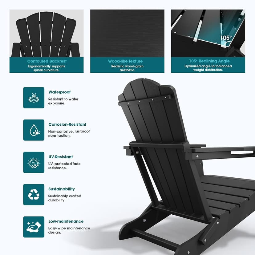 THOEOE Folding Adirondack Chair,HDPE All-Weather Outdoor Chair with Cup Holder,Wooden Textured,Fire Pit Chair,Plastic Patio Chair for Deck,Backyard,Garden,Lawn, Black