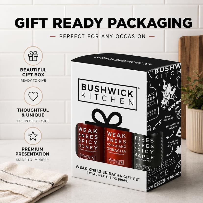 Gochujang Srirahca Hot Sauce, Hot Honey, Spicy Maple Syrup - Made in the USA - Gourmet Cooking Gift - Foodies & Grill Lovers Weak Knees Spicy Sampler Gift Set with Spicy Honey, Sriracha & Maple Syrup B0845WWTR5