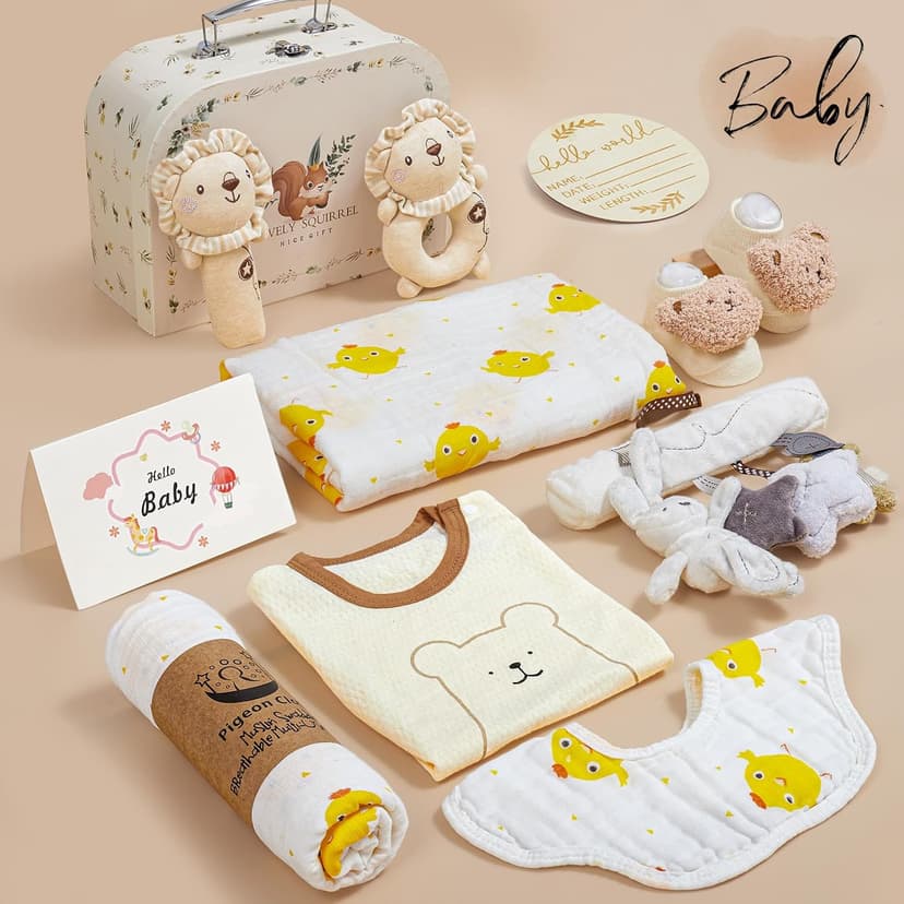 Golray 9pcs Newborn Baby Gift Baskets for Boys Girls Baby Shower, 2 Rattle/Seat Hang Toy/Blanket/Bodysuit/Bib/ 3D Socks/Wood Milestone/Carry Box, Neutral New Born Essential Stuff Unisex Baby Gifts Boy B0DL9ZDMC1