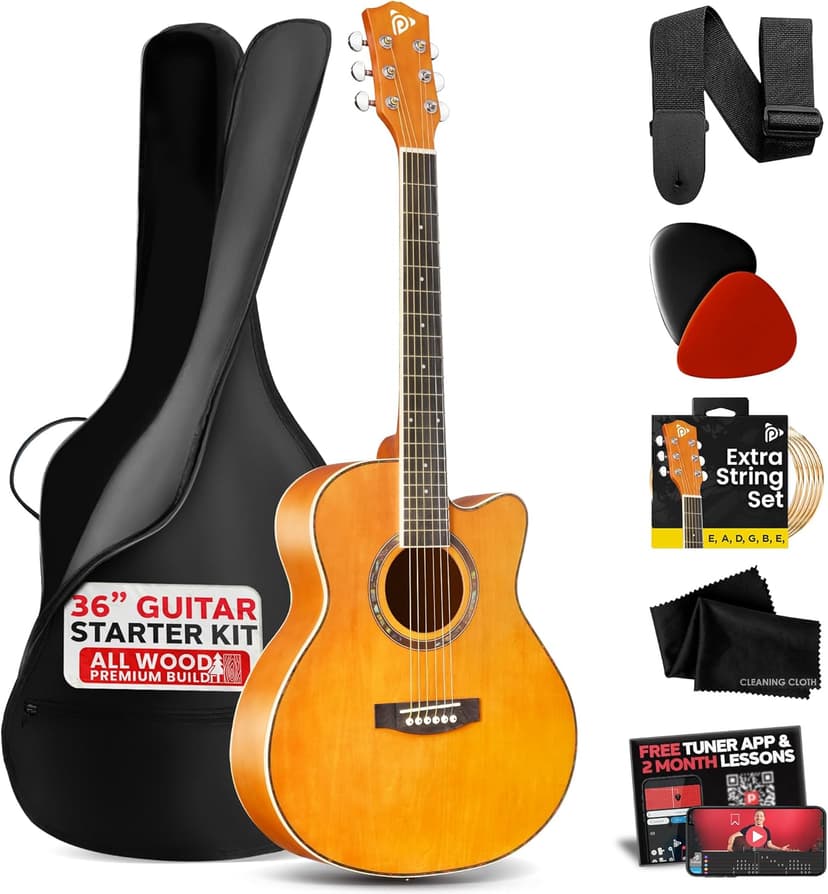 Pyle Steel String Acoustic Guitar Kit, 3/4 Junior Size Cutaway All-Wood Guitarra Acustica with Premium Accessory Set and Upgraded Gig Bag, 36" Orange