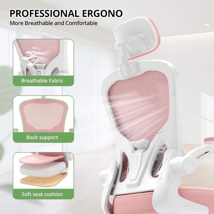 Office Chair Ergonomic Desk Chair, 330LBS Capacity, High Back Computer Design for Long Hours Comfort, Rolling Swivel Executive Task for Home Office with Flip-up Armrests, White Pink