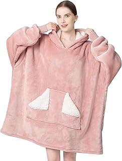 Touchat Wearable Blanket Hoodie, Oversized Sherpa Blanket Sweatshirt with Hood Pocket and Sleeves, Super Soft Warm Plush Hooded Blanket for Adult Women Men, One Size Fits All (Pink)