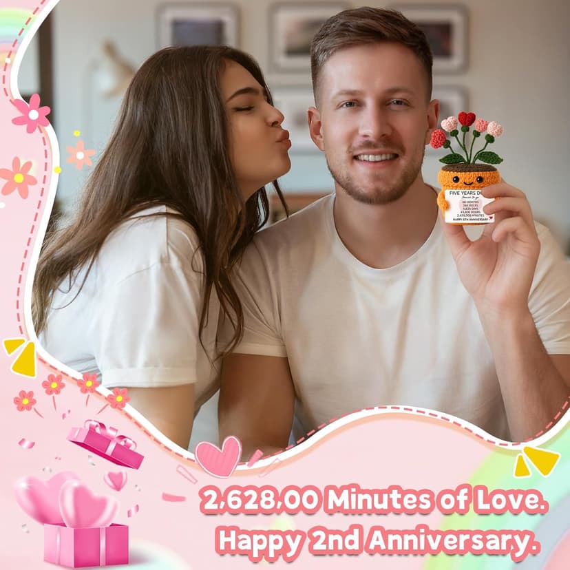 MAMAGIFTREE 5th Anniversary Wedding Gift for Couple - Handmade Crochet Heart Flower Plush with Romantic Message - Five Years Down Forever to Go Keepsake for Wife, Husband, Boyfriend, Girlfriend