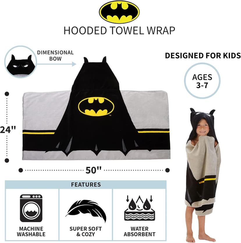 Batman Kids Bath/Pool/Beach Super Soft Cotton Terry Hooded Towel Wrap, 24" x 50", By Franco
