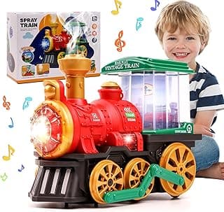 Electric Steam Train Toy for Toddlers 3-5,Bump and Go Truck w/Steam Locomotive,Smoke,Light & Sound, 360 Rotation Christmas Train Truck Toys Birthday Gift for Toddler 1 3 4 5 6 Year Old Boys Girls Kids