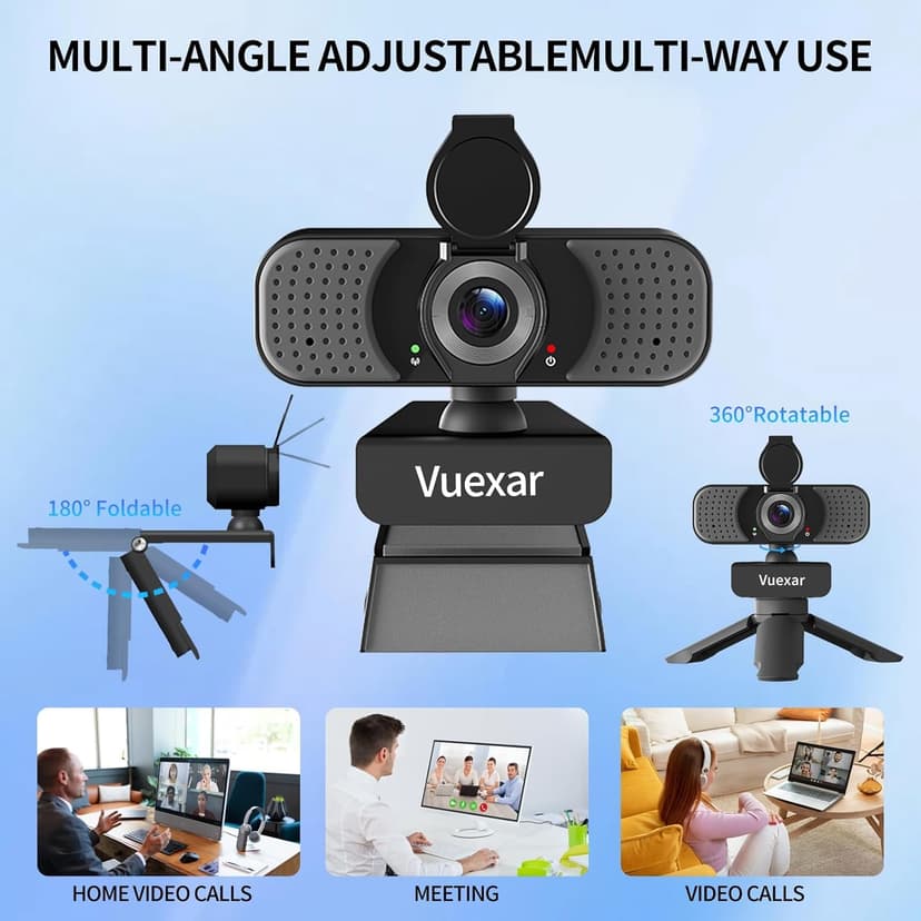 Vuexar Full HD 1080P Webcam with Microphone, Noise-Canceling, Privacy Cover, Wide-Angle Lens, Auto Light Correction, Plug & Play USB Web Camera for Laptop, Desktop, PC, Mac, Zoom, Skype – Pro Series