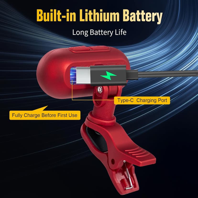 EX Professional Rechargeable Chromatic Clip-On Guitar Tuner — Fast, Ultra-Accurate Clip-On Tuner with Color LCD for Acoustic Guitar, Bass Guitar, Ukulele & Violin, Red