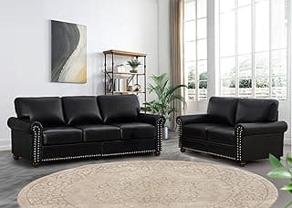 2 Piece Faux Leather Sofa Set,Modern Couch and Loveseat Sets with Storage,Mid Century Couch with Rivet Rolled Arm,Comfy Deep Seat Sofa,Furniture for Living Room,Office(Loveseat+3 Seater,Black)