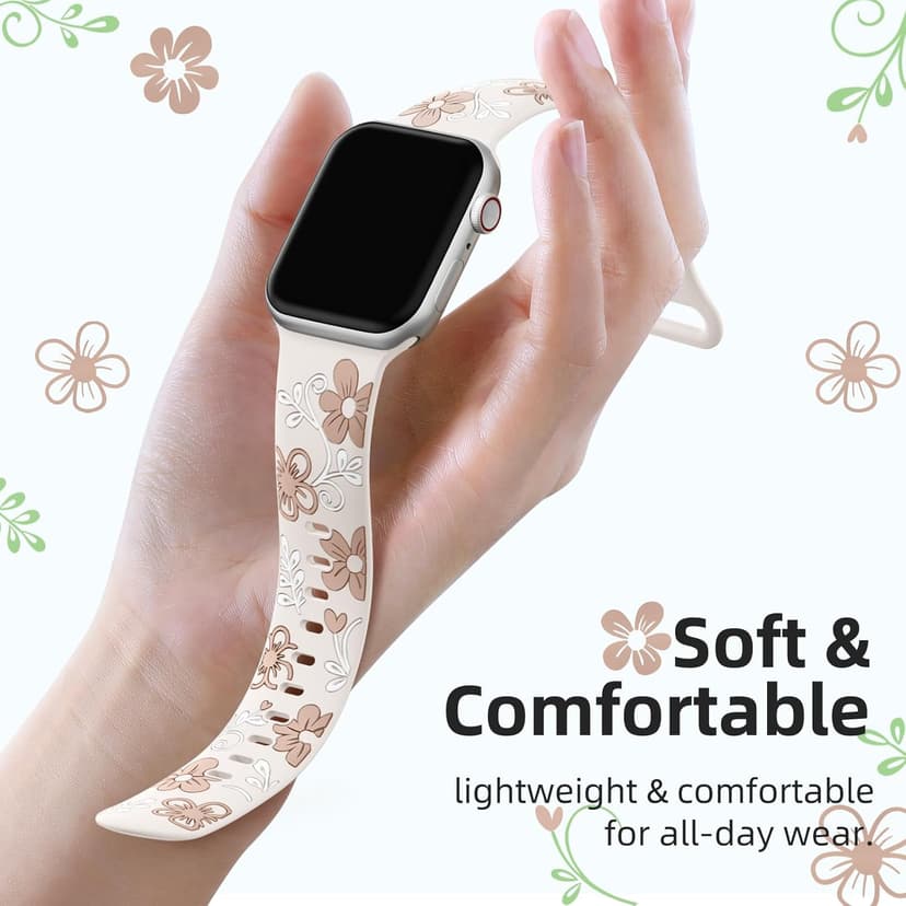 Witzon Floral Band Compatible with Apple Watch Bands For Women 40mm 41mm 38mm 42mm 44mm 45mm 46mm 49mm, Engraved Cute Flower Silicone Dressy Strap for iWatch Series 11 10 9 8 7 6 5 4 3 2 SE Ultra