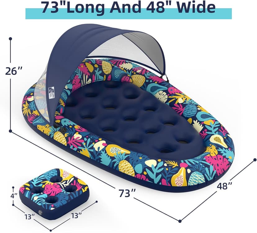 Sunikko X 3-in-1 Pool Floats with Canopy Cup Holder, Tanning Pool Large 73" x 48" Float Adult Heavy Duty, Inflatable Lounger Raft Floating Chair with Backrest, Swimming Pool Lake Beach Party